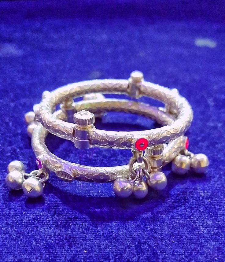 925 Silver Adjustable Kada Bangles with Bell Charms (Set of 2).